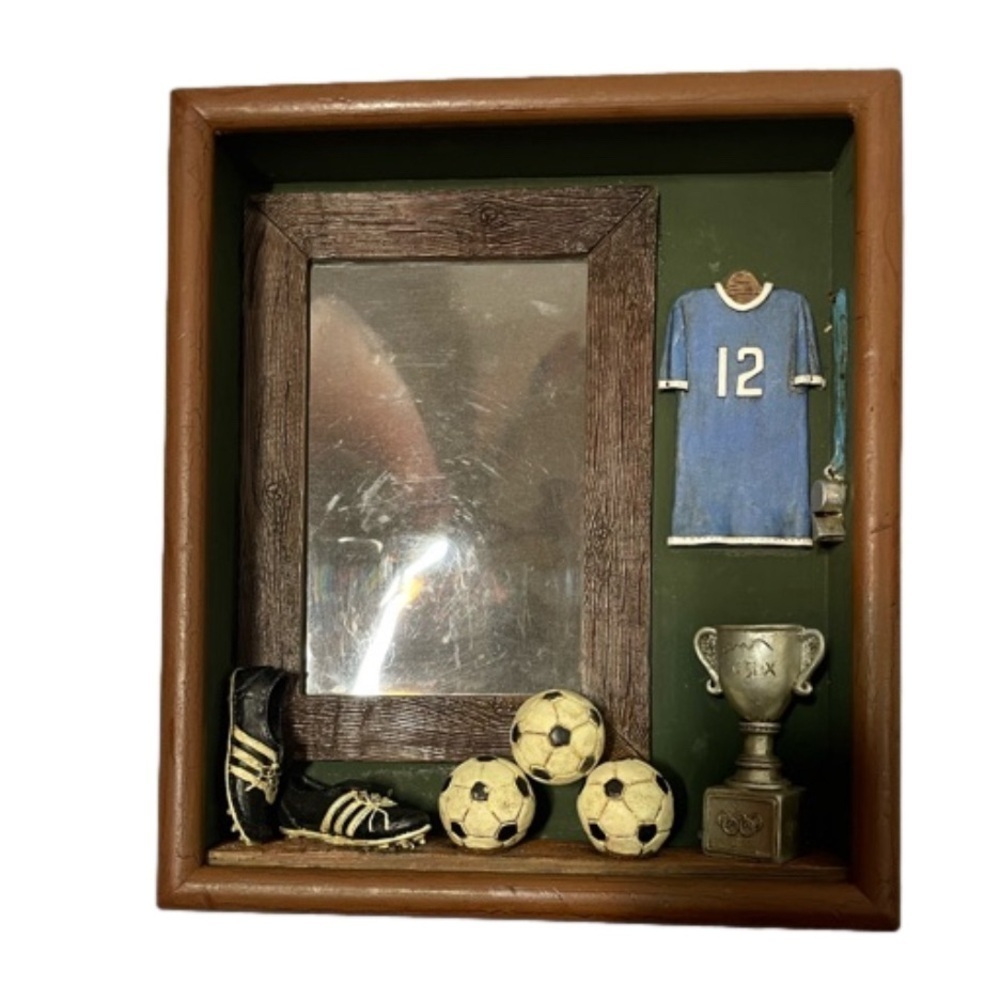 Vintage Grannycore, Eclectic Grandpa Soccer Memorabilia Picture Frame Shadow Box